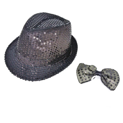 Kids Adult LED Light Up Tie Sequin Jazz Fedora Hat Flashing Neon Party Gift Costume Cap Birthday Wedding Halloween Christmas