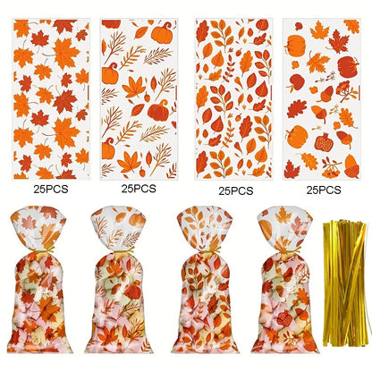 100 PCS 4 Styles Fall Candy Treat Bags, Maple Leaves Gift Bags, Autumn Clear Cello Bags for Fall Autumn Thanksgiving Theme Party