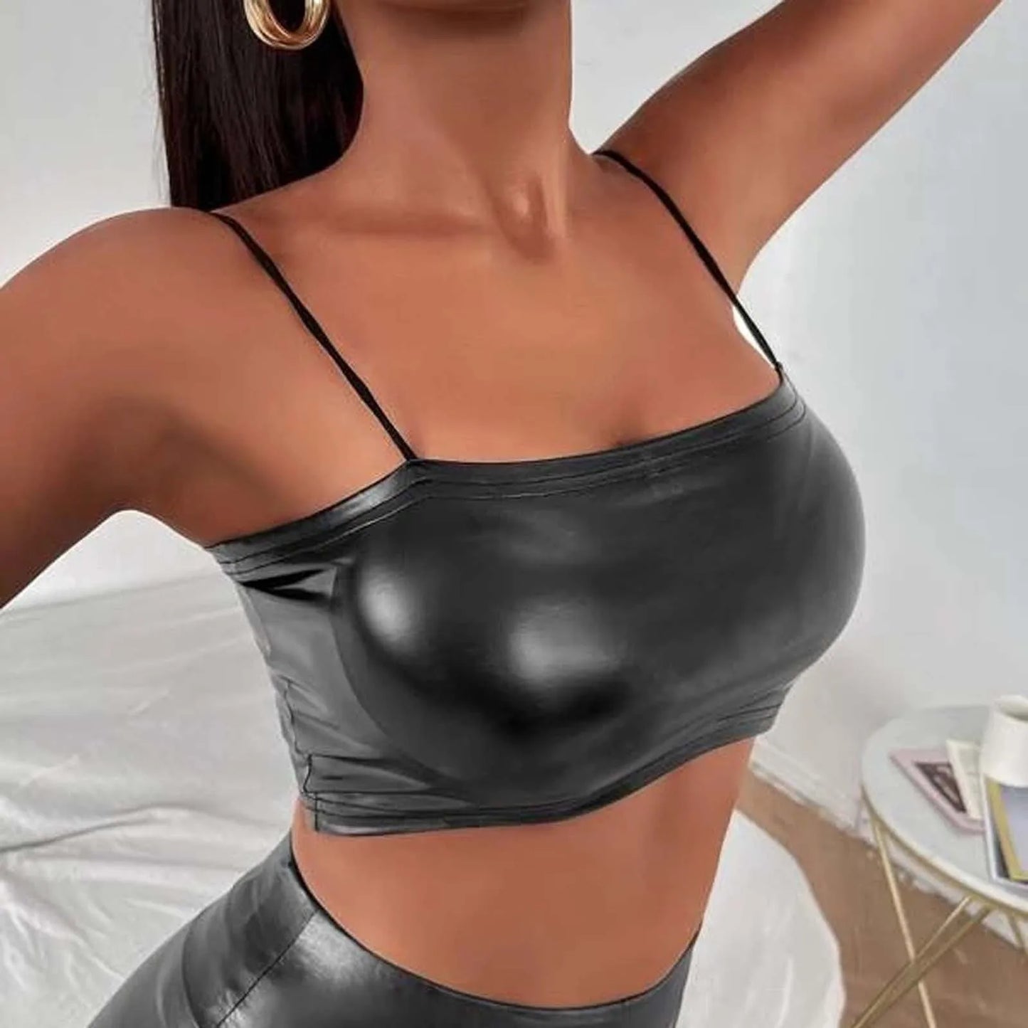 Women Sexy Black Latex Leather Crop Top Solid Spaghetti Strap Tank Tops Ladies Vest Summer Fashion Backless Bodycon Vest Top