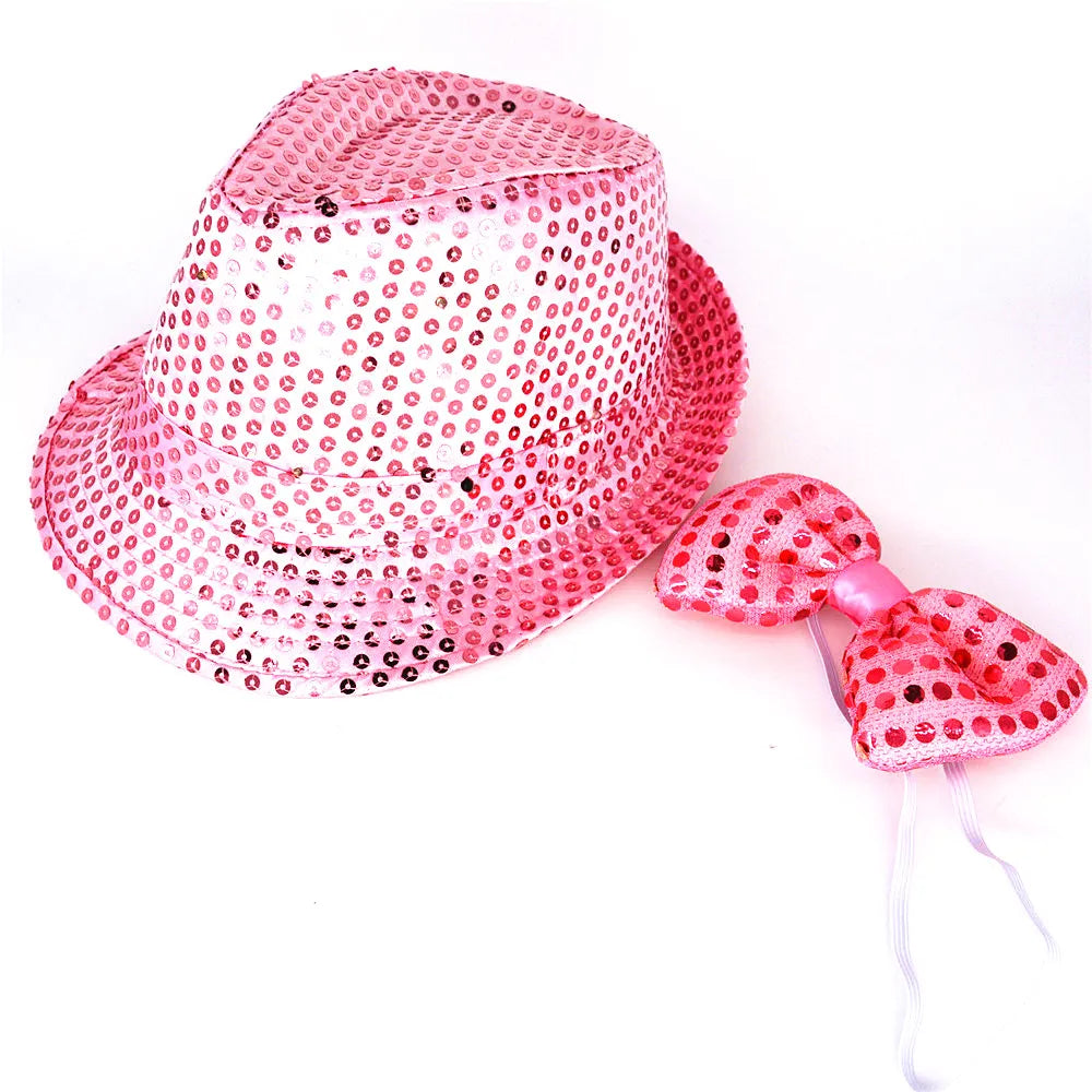 Kids Adult LED Light Up Tie Sequin Jazz Fedora Hat Flashing Neon Party Gift Costume Cap Birthday Wedding Halloween Christmas