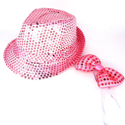 Kids Adult LED Light Up Tie Sequin Jazz Fedora Hat Flashing Neon Party Gift Costume Cap Birthday Wedding Halloween Christmas
