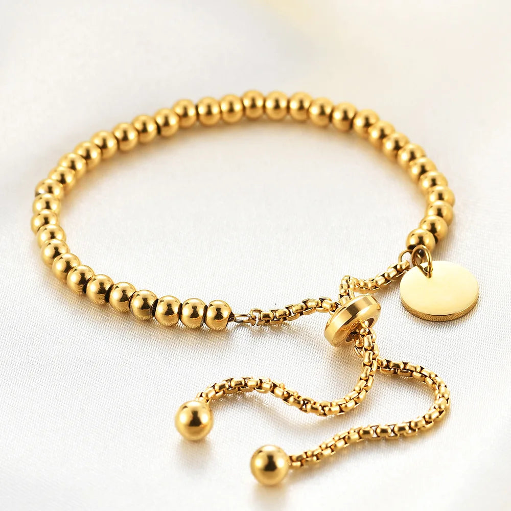 Fashion Stainless Steel Custom Bracelet Letter Tag Ball Beads Adjustable Women's Bracelet Jewelry
