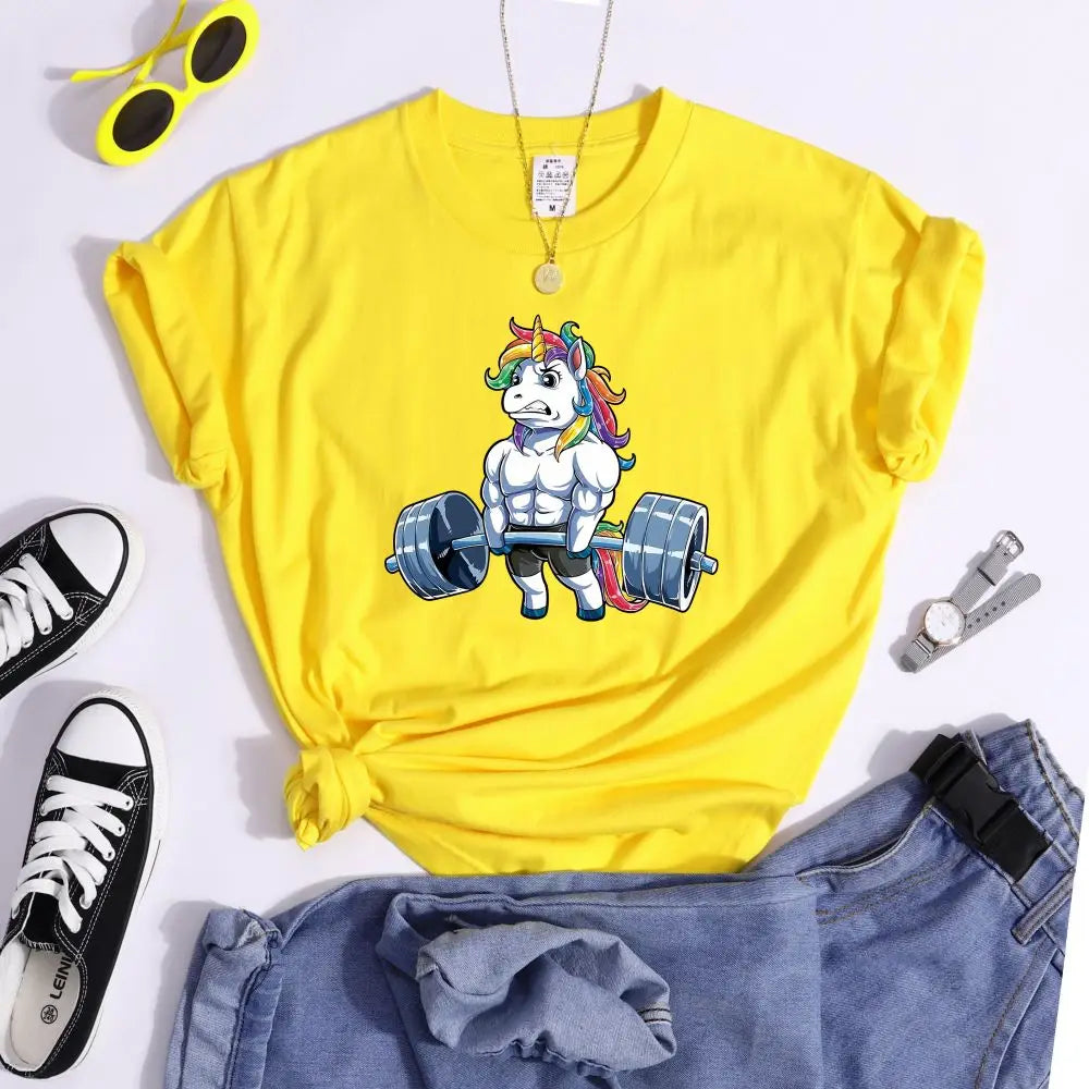 Funny Gym Unicorn Fitness Cute Prints Women T-shirt Summer Casual Short Sleeve Street Loose Breathable Tee Clothes
