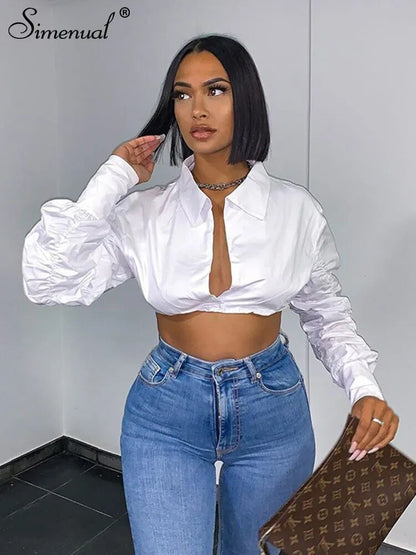 Simenual Button Ruched White Puff Sleeve Blouse Shirts Women Long Sleeved Fashion Fall 2021 Clothing Crop Blouses Solid Baddie