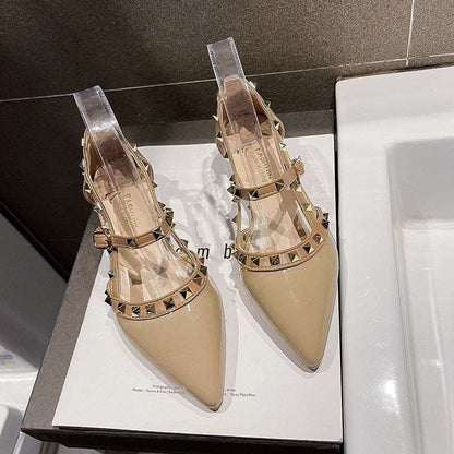 New High Heels Pointed Toe Buckle Rivets Summer Sexy Mules Fashion All-match Net Red Banquet Thick Heels Women&#39;s High Heels