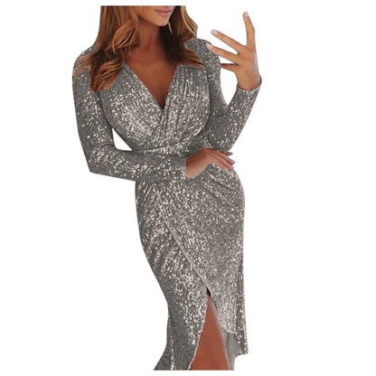 Womens Party Dresses 2024 Sexy Deep V Sequins Wrap Ruched Long Sleeved Formal Dress Nightclub Vestidos For Women Temperament