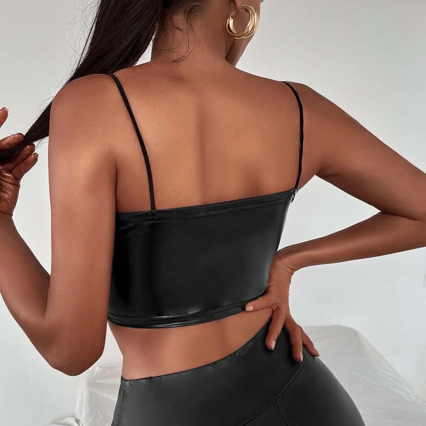 Women Sexy Black Latex Leather Crop Top Solid Spaghetti Strap Tank Tops Ladies Vest Summer Fashion Backless Bodycon Vest Top