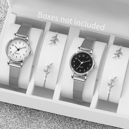 4PCS/Set Women's Watches Fashion Small Quartz Watch Casual Silver Band Wristwatches Bracelets（Without Box）