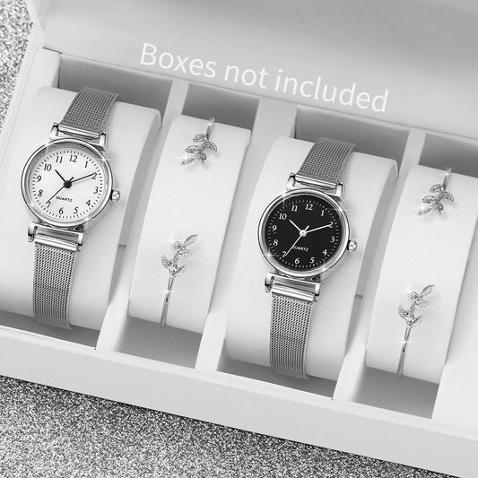 4PCS/Set Women's Watches Fashion Small Quartz Watch Casual Silver Band Wristwatches Bracelets（Without Box）