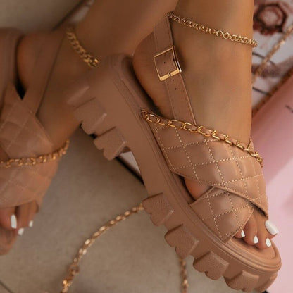 Thick Bottom Metal Chain Slippers Women 2022 Summer New Open Toe Cross Tie Fashion Sandals Casual Beach Design Women&#39;s Flip Flop