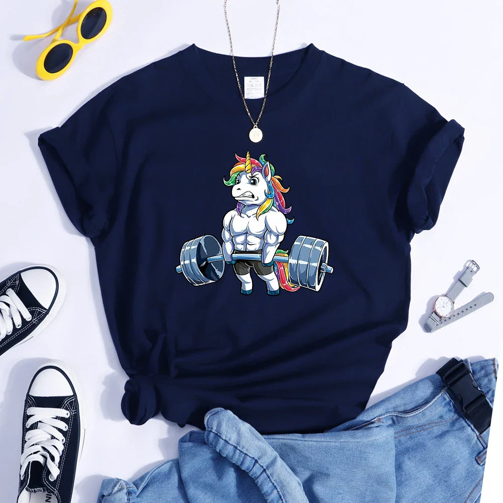 Funny Gym Unicorn Fitness Cute Prints Women T-shirt Summer Casual Short Sleeve Street Loose Breathable Tee Clothes