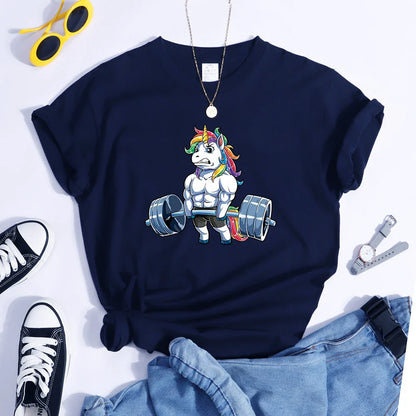 Funny Gym Unicorn Fitness Cute Prints Women T-shirt Summer Casual Short Sleeve Street Loose Breathable Tee Clothes