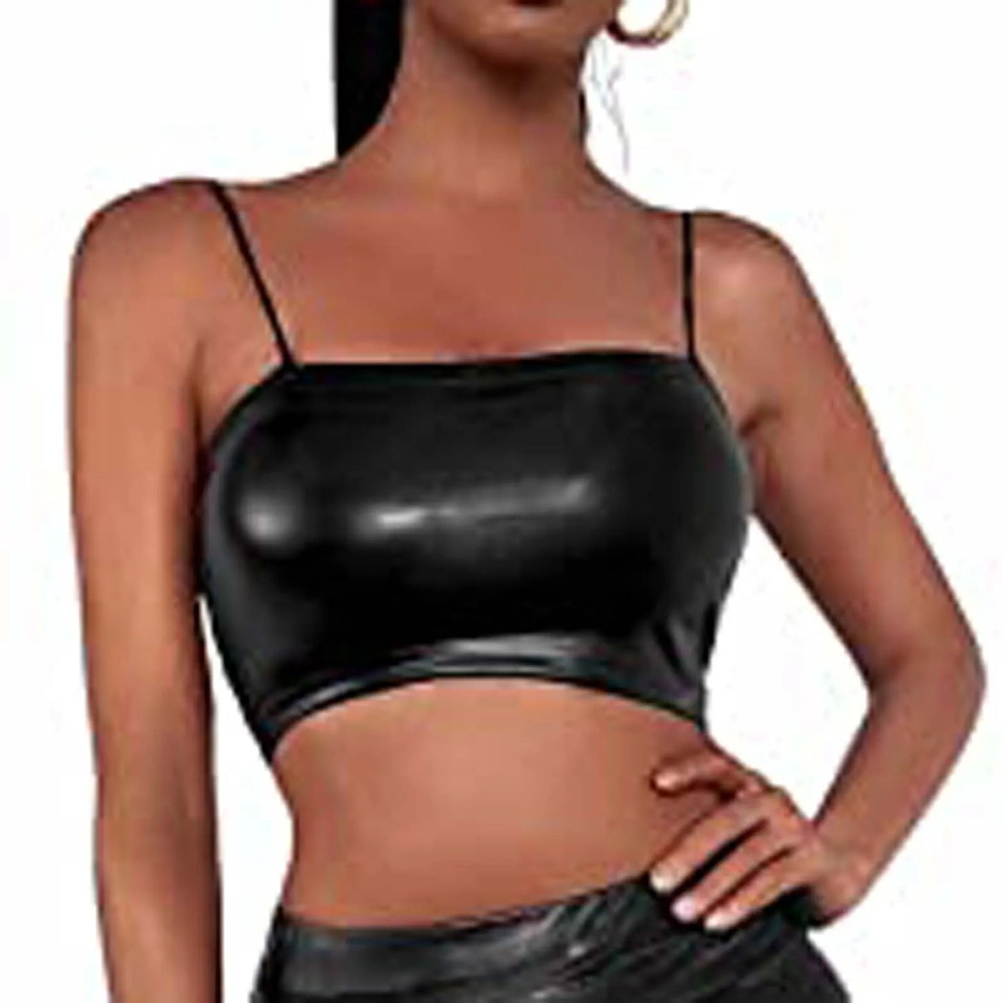 Women Sexy Black Latex Leather Crop Top Solid Spaghetti Strap Tank Tops Ladies Vest Summer Fashion Backless Bodycon Vest Top