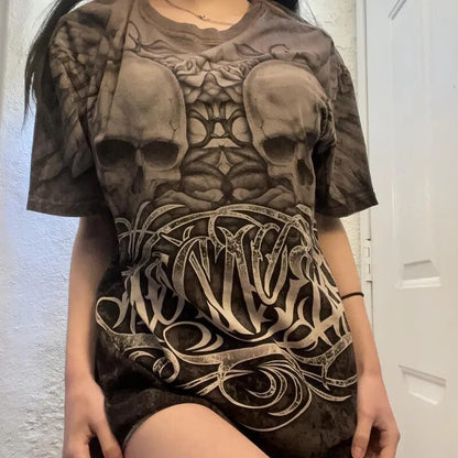 E Girl Graphic Short Sleeve Tops Gothic Skulls Print T Shirt Tees Harajuku Grunge Vintage Pullovers Y2K Retro Mall Goth Clothes