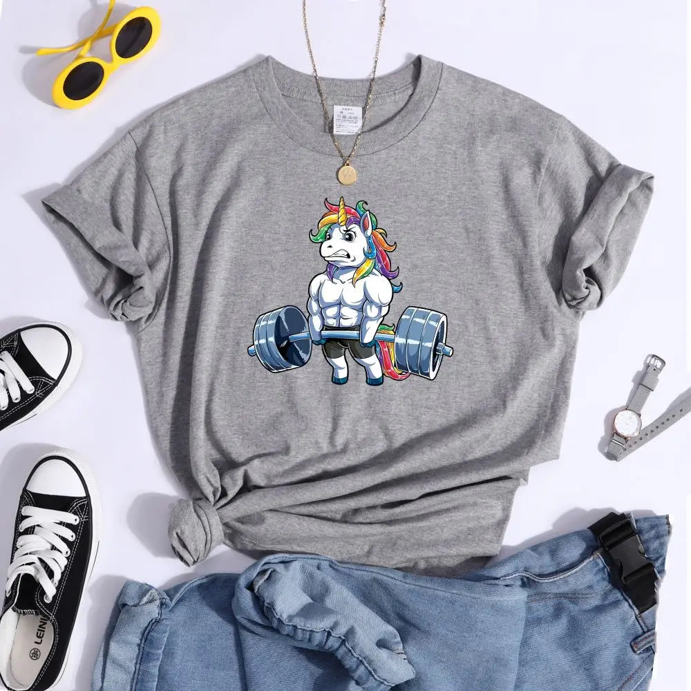 Funny Gym Unicorn Fitness Cute Prints Women T-shirt Summer Casual Short Sleeve Street Loose Breathable Tee Clothes