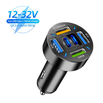 6 Ports USB Car Charger 66W PD USB Type C Quick Charge Car Phone Charger for Samsung Huawei Xiaomi iphone