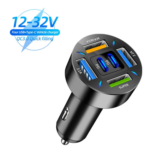 6 Ports USB Car Charger 66W PD USB Type C Quick Charge Car Phone Charger for Samsung Huawei Xiaomi iphone