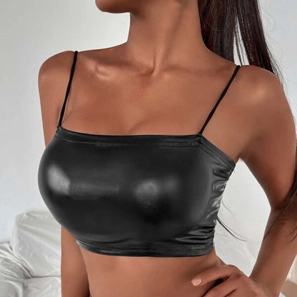 Women Sexy Black Latex Leather Crop Top Solid Spaghetti Strap Tank Tops Ladies Vest Summer Fashion Backless Bodycon Vest Top
