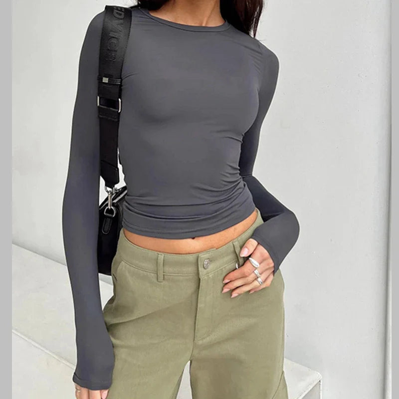 Woman Clothing Long Sleeve T-shirt Slim Fit Tops Female O-Neck Close-fitting Tee Shirt Street Wear 2024 Y2K Qtraf 2408