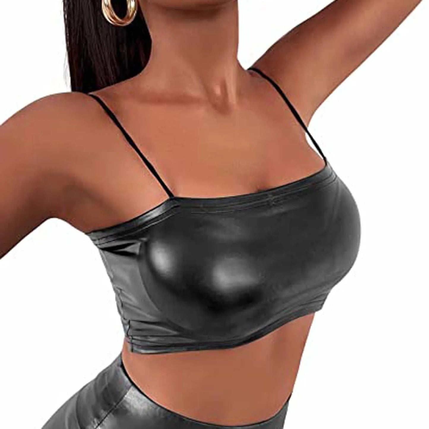 Women Sexy Black Latex Leather Crop Top Solid Spaghetti Strap Tank Tops Ladies Vest Summer Fashion Backless Bodycon Vest Top