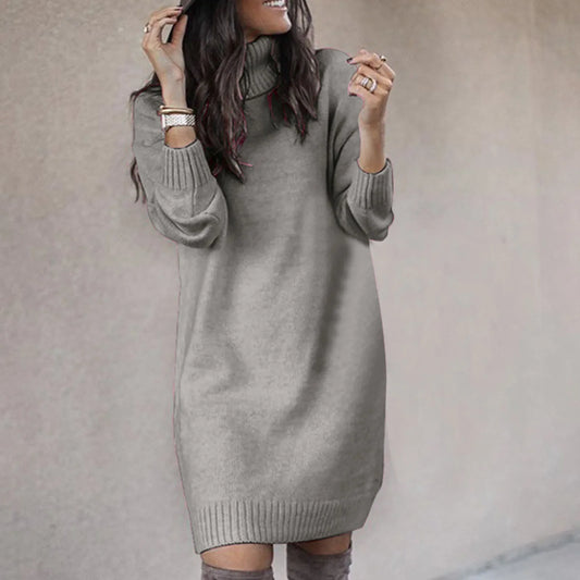 Women Fahsion Sweater Dress Autumn Solid Color Long Sleeve Turtleneck Pullover Mini Dresses Elegant Lady Knitted Party Vestidos