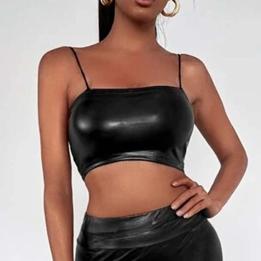 Women Sexy Black Latex Leather Crop Top Solid Spaghetti Strap Tank Tops Ladies Vest Summer Fashion Backless Bodycon Vest Top