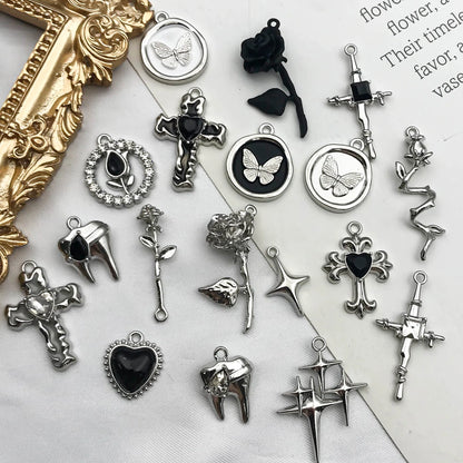 5Pcs Metal Alloy Charms Black Series Sweet and Cool Style Butterfly Cross Flower Shape Pendants Decorations For Jewelry Making