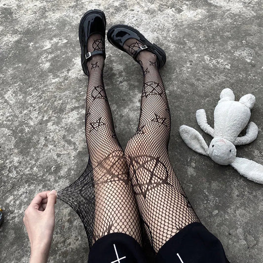 Lolita Cute Pentacle Print Tights Women Sexy Gothic Punk Magical Five-Pointed Star Mesh Fish Net Pantyhose Body Stockings