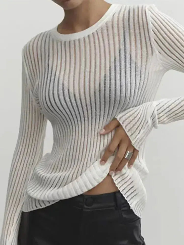 Women's Spring/Summer Long Sleeved Round Neck Thin Breathable Knitted Top with Sun Protection