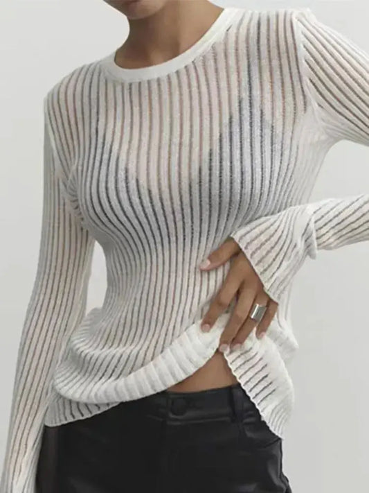 Women's Spring/Summer Long Sleeved Round Neck Thin Breathable Knitted Top with Sun Protection