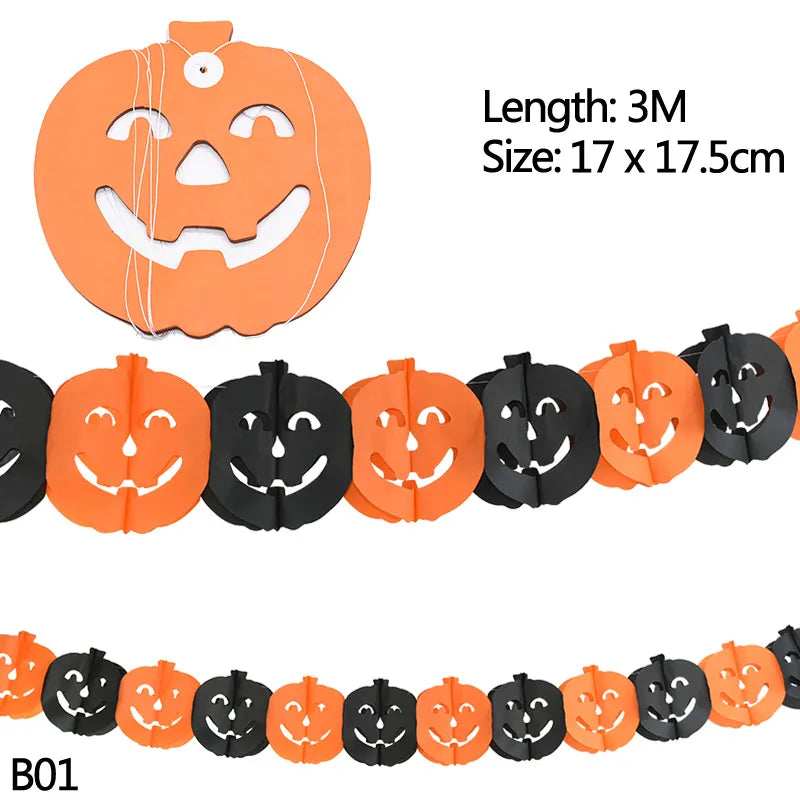 3m Halloween Banners Pumpkin Spider Ghost Head Paper Garland for Halloween Party Decoration Bat Skull Paper Chain DIY Supplies