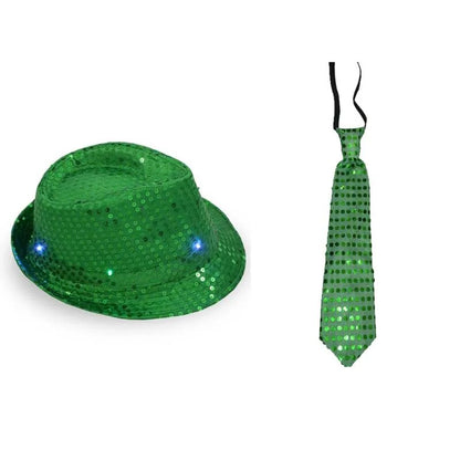 Kids Adult LED Light Up Tie Sequin Jazz Fedora Hat Flashing Neon Party Gift Costume Cap Birthday Wedding Halloween Christmas