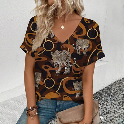 Summer clothing V-neck sexy leopard print T-shirt animal pattern women's shirt short sleeve street Korean style women's clothing