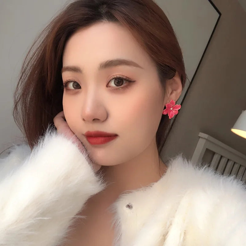 Modern Jewelry 925 Silver Needle Red Flower Earrings Spring Summer Style Popular Design Big Stud Earrings For Women Girl Gift