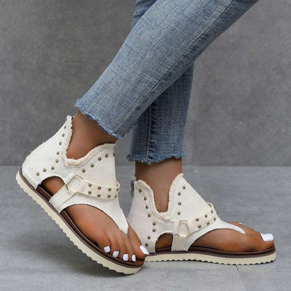 Summer New Style Rivet Sandals Womens Fashion Zipper Flat Retro Flip-flops Comfortable Clip-toe Beach Sandalias for Women