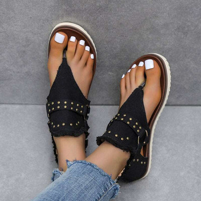 Summer New Style Rivet Sandals Womens Fashion Zipper Flat Retro Flip-flops Comfortable Clip-toe Beach Sandalias for Women