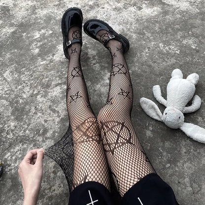 Lolita Cute Pentacle Print Tights Women Sexy Gothic Punk Magical Five-Pointed Star Mesh Fish Net Pantyhose Body Stockings