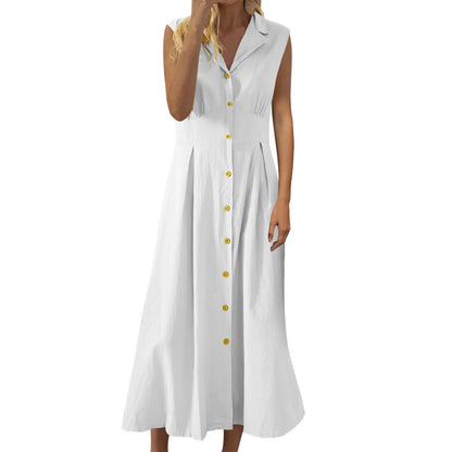Casual Loose Sleeveless Shirt Dress Solid Color Button Cotton Linen Blend Dress Elegant Vacation Holiday Dresses платье женское