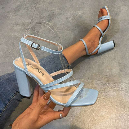 New Summer Womens High Heels Fashion All-match Square Toe Chunky Heel Sandals Sexy Banquet Solid Color Simple High Heels