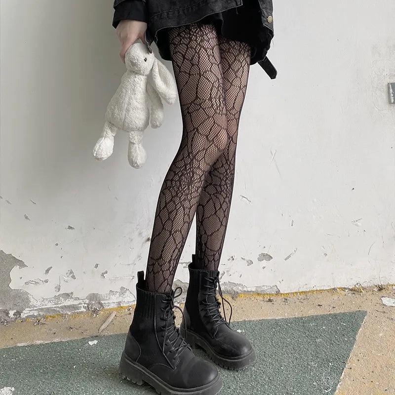 Classic Lolita Hollowed Out Lace Mesh Stockings Bottomed Pantyhose Women Gothic Punk Retro Spider Web Tights