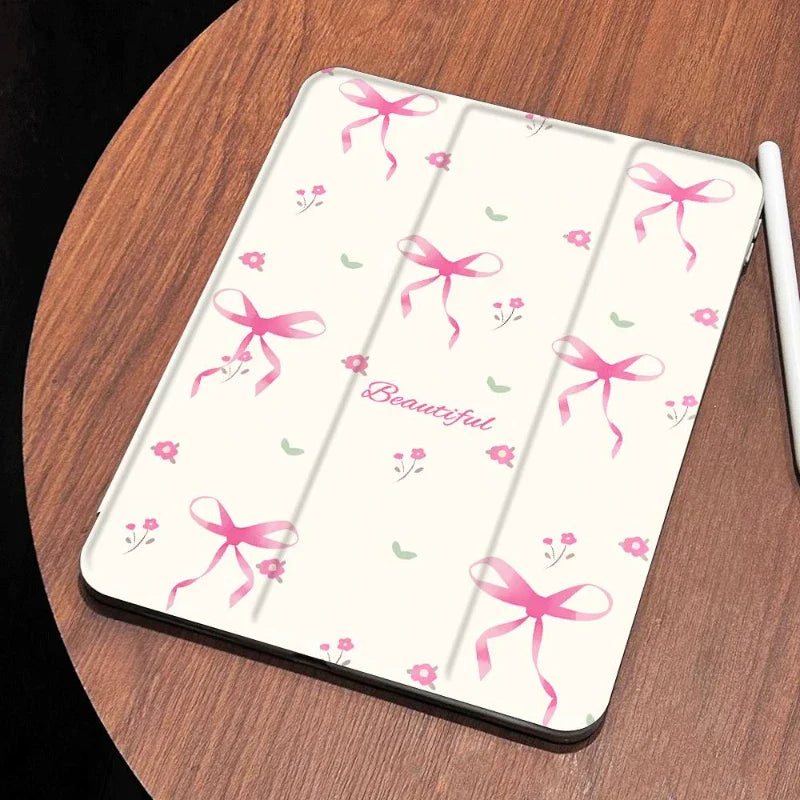 Tablet Cover for IPad 10.2 Case 7/8/9th Generation IPad Air 5 Air 4 10.9 9.7 5th 6th Gen Simple Pink Bow Tie Detachable Cover