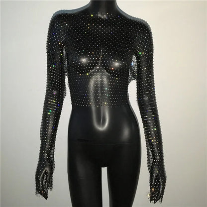 Autumn Women Sexy See Through Fishnet T Shirt Glitter Rhinestone Hollow Mesh Long Sleeve Crop Tops Nightclub Party Festival Top