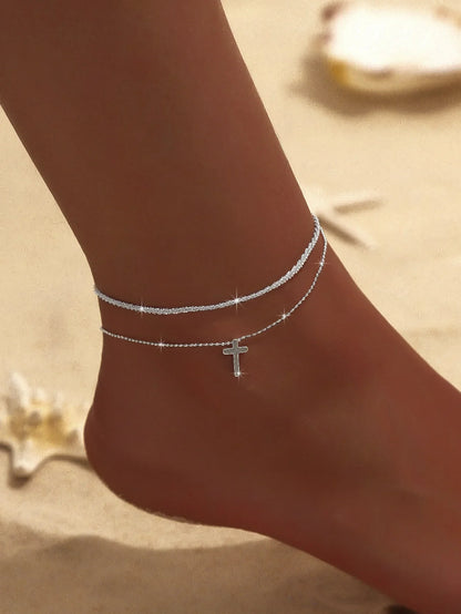 Summer Shiny Sparkling Simple Silver Color Anklet Zircon Cross Love Pearl Double Layer Bracelet On Leg Foot Trendy Beach Jewelry