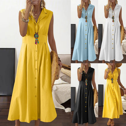 Casual Loose Sleeveless Shirt Dress Solid Color Button Cotton Linen Blend Dress Elegant Vacation Holiday Dresses платье женское