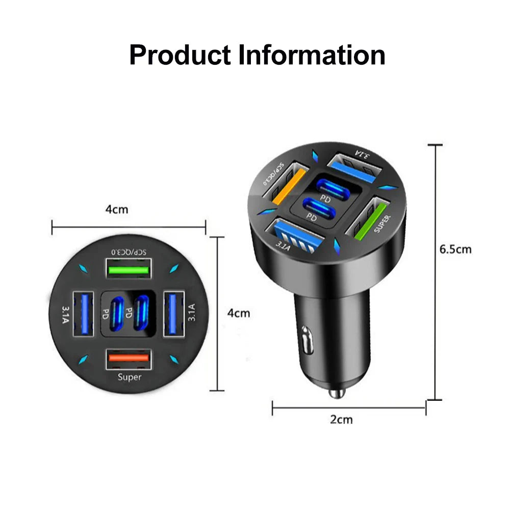 6 Ports USB Car Charger 66W PD USB Type C Quick Charge Car Phone Charger for Samsung Huawei Xiaomi iphone