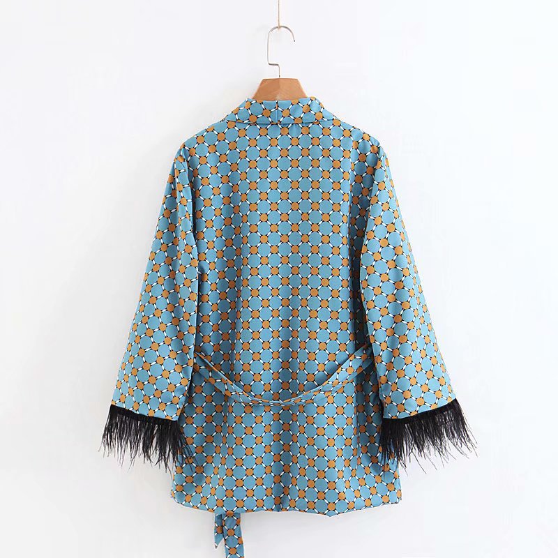 Women&#39;s Suits Sunc Spring LOOSE Blue Printed Kimono Jacket with Feather Sleeves Wide Leg Pants Two-piece Viintage Clothing Suits
