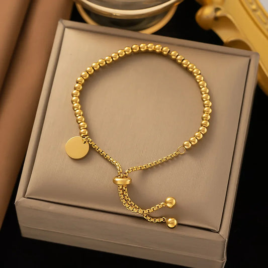 Fashion Stainless Steel Custom Bracelet Letter Tag Ball Beads Adjustable Women's Bracelet Jewelry