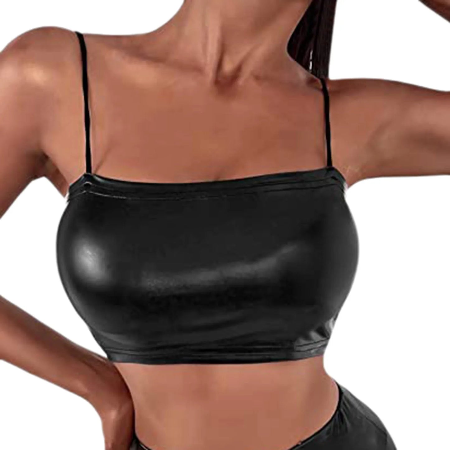 Women Sexy Black Latex Leather Crop Top Solid Spaghetti Strap Tank Tops Ladies Vest Summer Fashion Backless Bodycon Vest Top