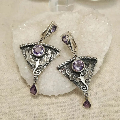 Vintage Exaggerated Dragon Gothic Punk Metal Earrings Ethnic Faux Pink Stone Pendant Earrings Jewelry