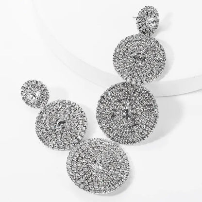 European Exaggerated Multi-layer Round Drop Earrings Women Shiny Rhinestone Geometric Dangle Earrings Party Jewelry Gifts